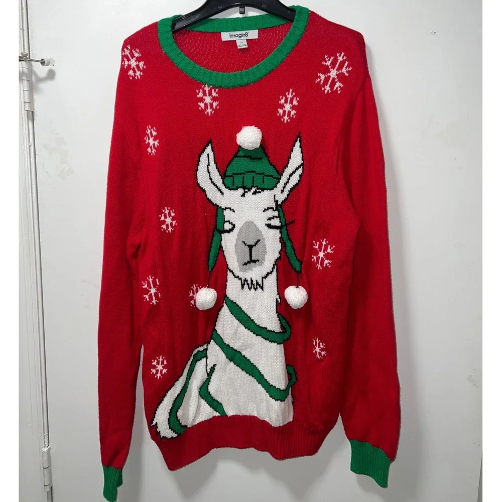 Imagin8‎ Llama Ugly Christmas Sweater Red Green Pom Pom Snowflake Mens Large